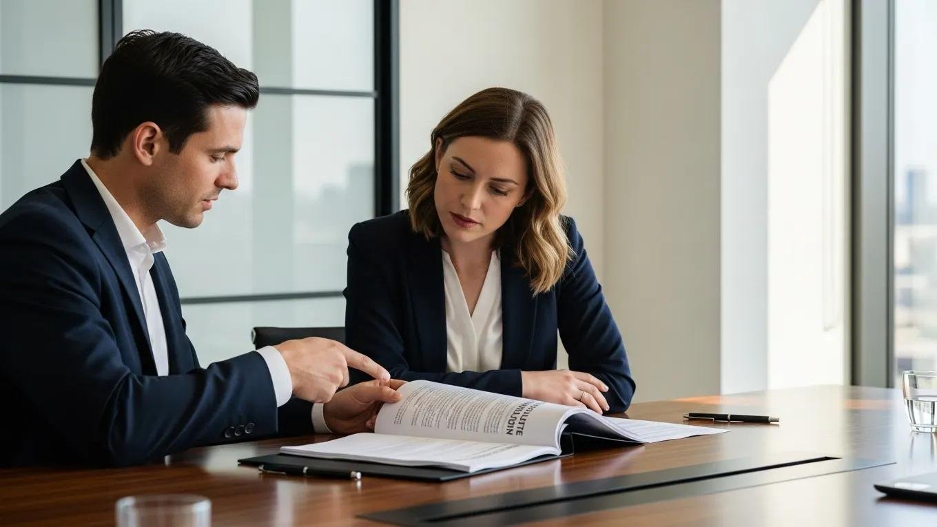 Two professionals discussing a contract with a focus on dispute resolution clauses