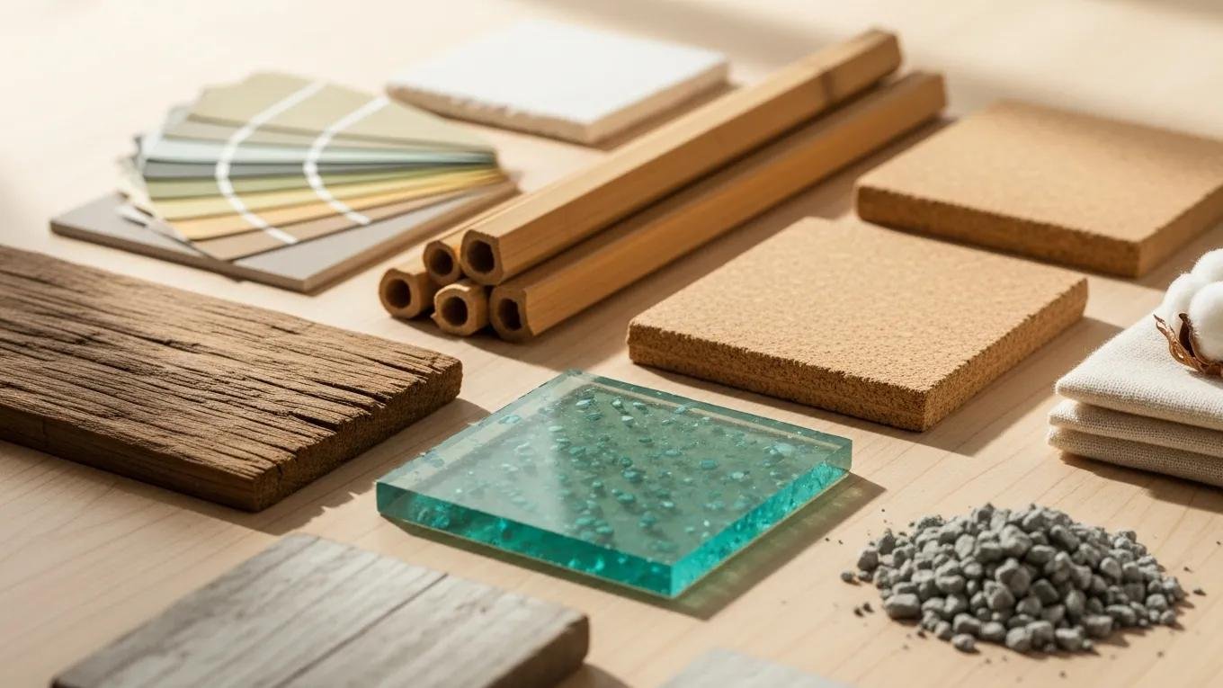 Variety of eco-friendly building finish materials including low VOC coatings and renewable products