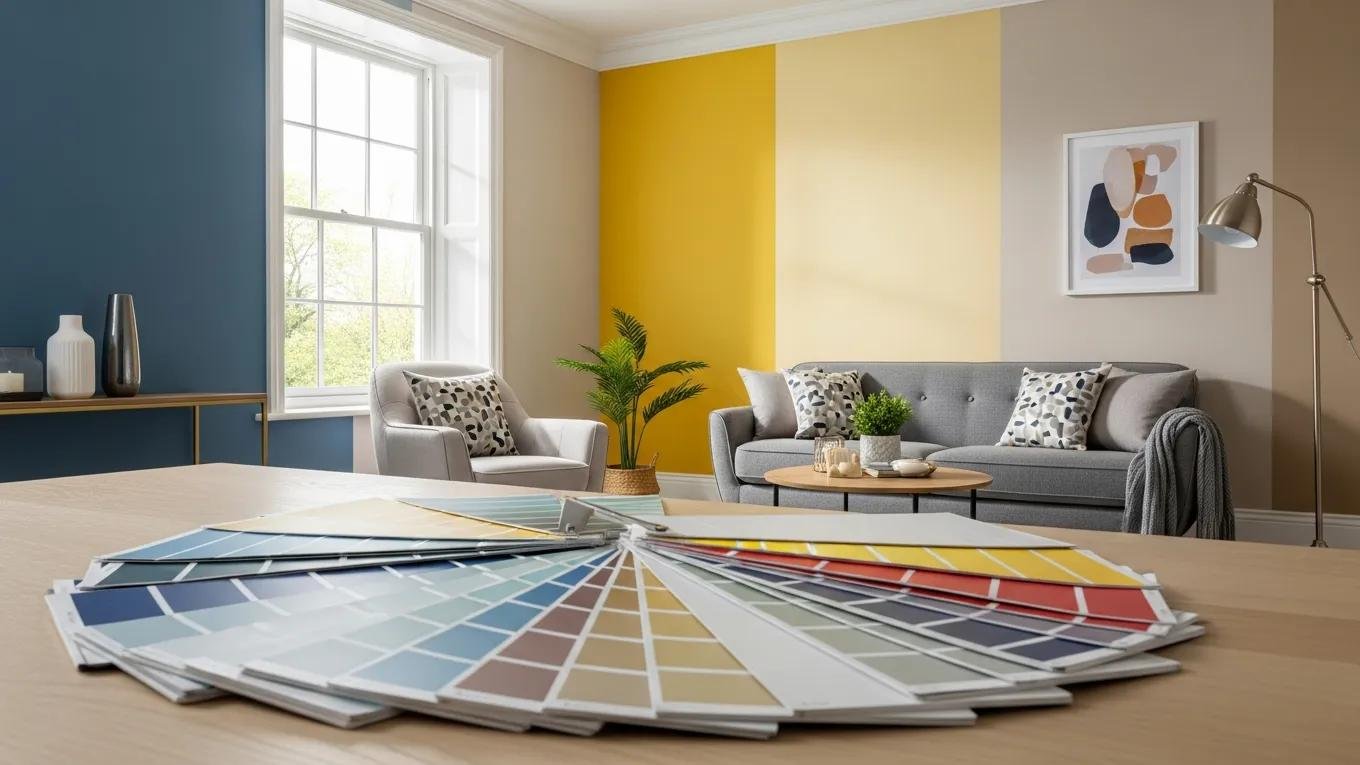 Variety of interior wall painting options with color swatches and a beautifully decorated room