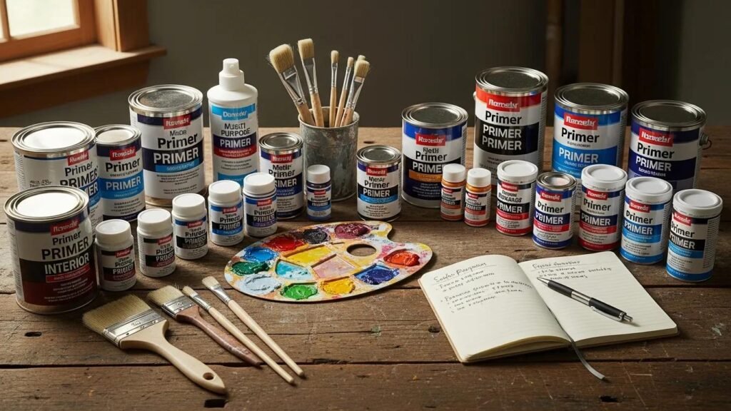 Various paint primers and tools for effective surface preparation