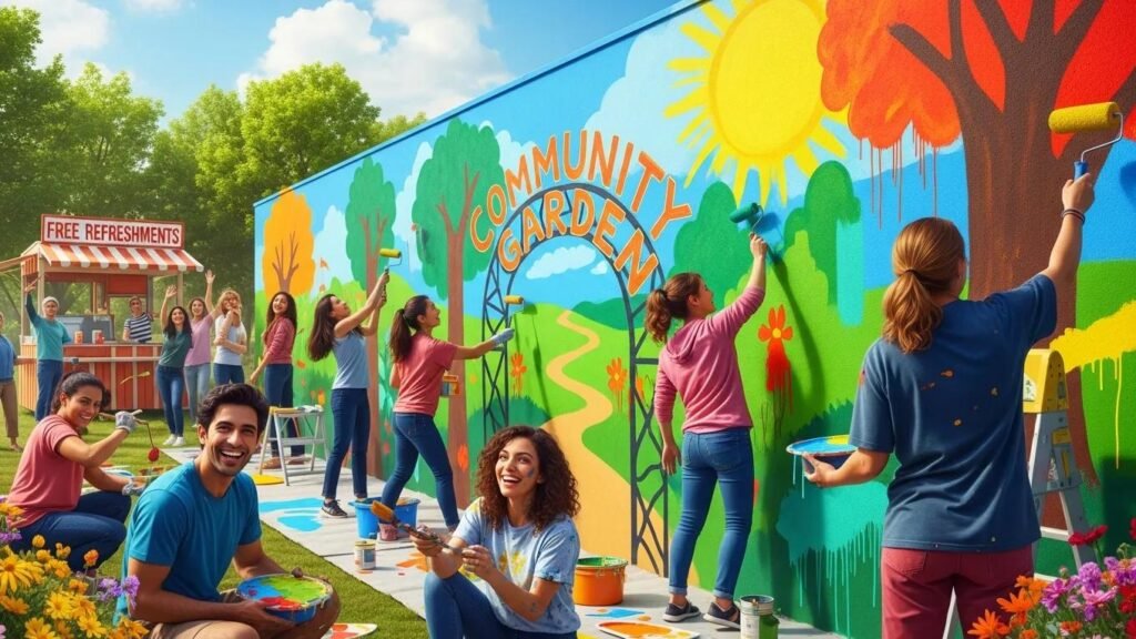 Volunteers painting a community wall, showcasing teamwork and community engagement