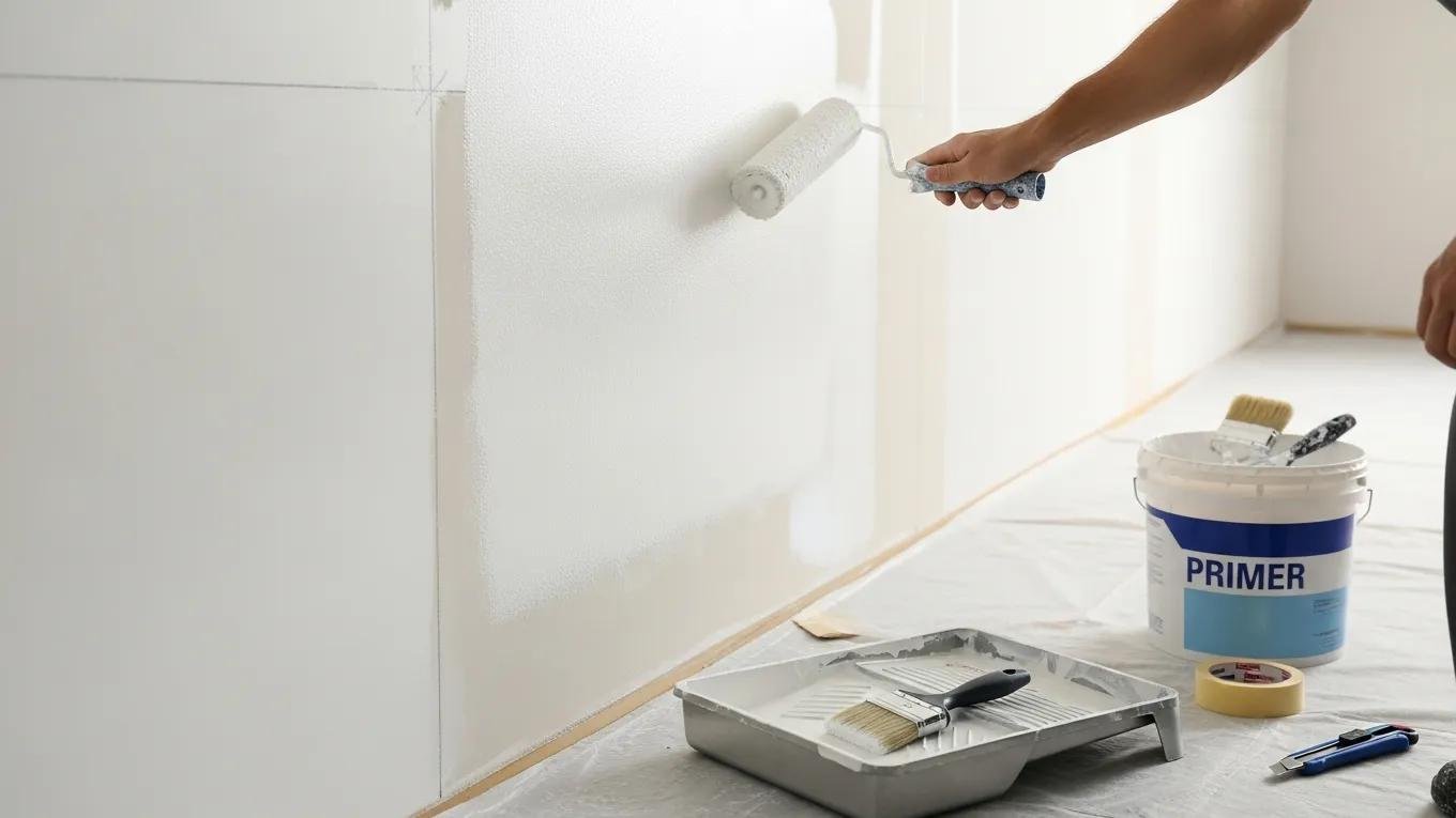Wall preparation process after wallpaper removal, highlighting priming techniques and tools
