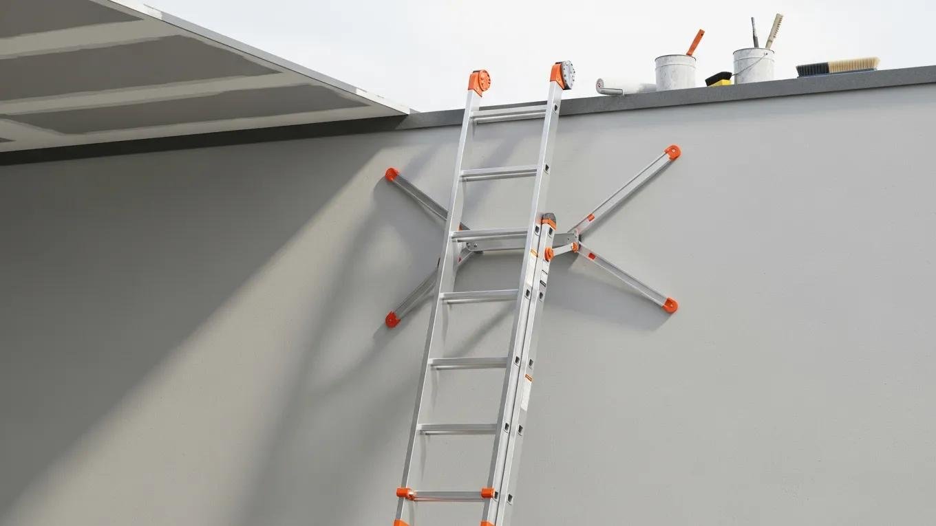 Well-set-up ladder demonstrating safety features for painting high ceilings