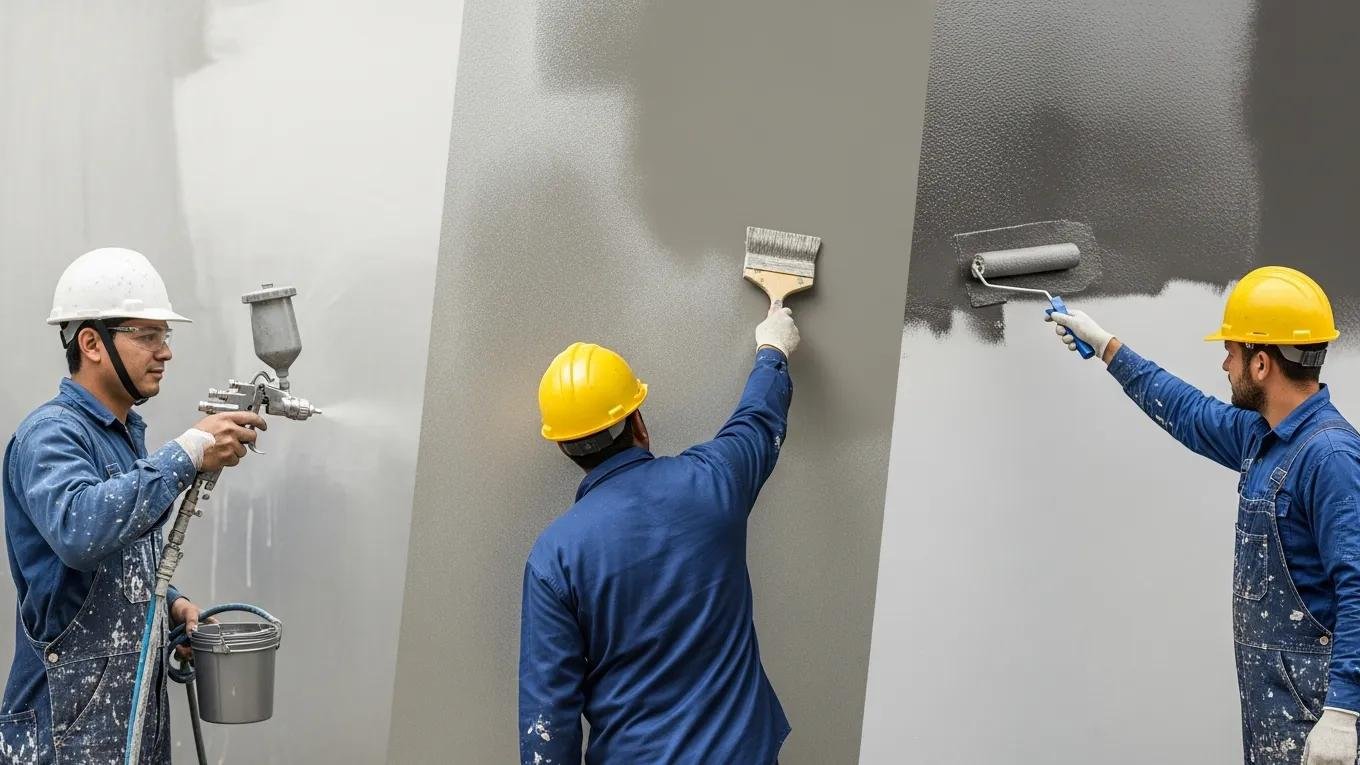 Workers demonstrating spray, brush, and roller application methods for commercial coatings in a professional setting