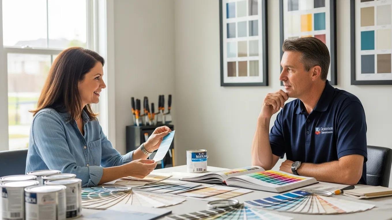 Homeowner consulting with a professional painter about paint options and project details
