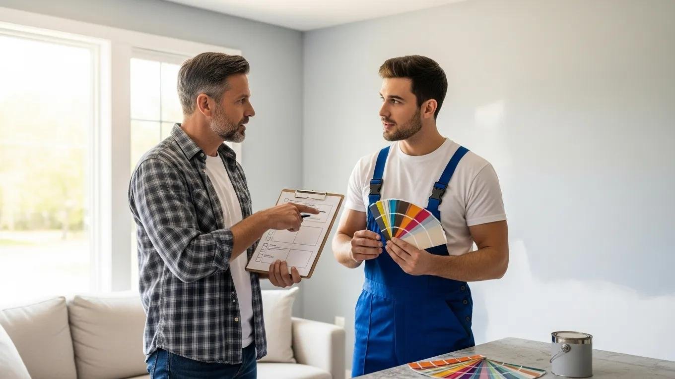 Homeowner consulting with a professional painter about project details