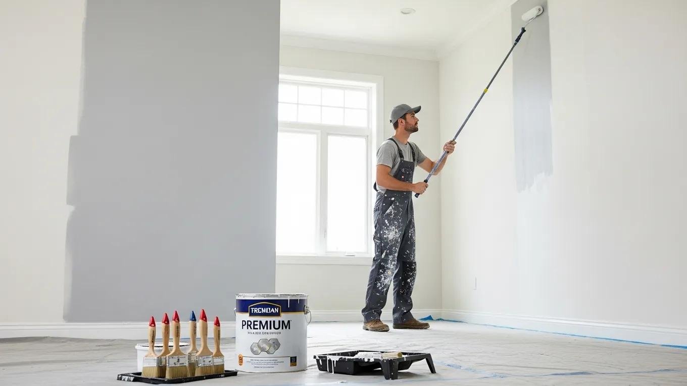 Painter applying fresh paint in a spacious room, highlighting quality tools and materials