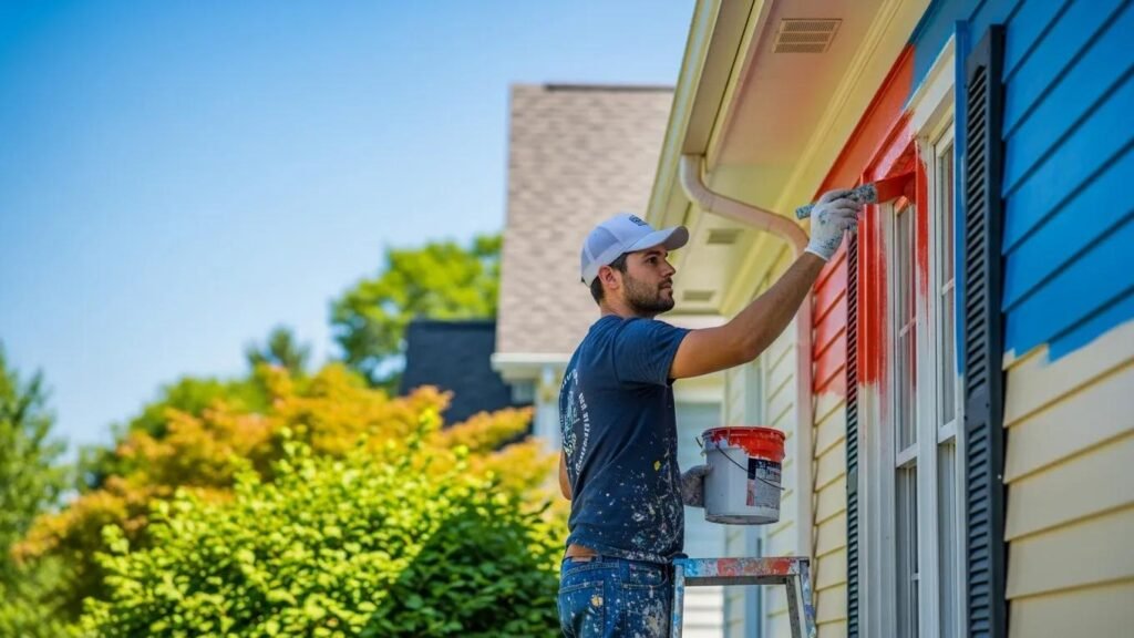 Professional painter applying fresh paint to a residential home in Gettysburg, PA, highlighting the beauty of painting services