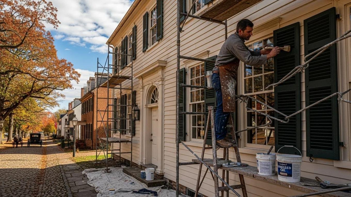 Skilled painter restoring the exterior of a historical home in Gettysburg, PA, showcasing specialized historical painting services